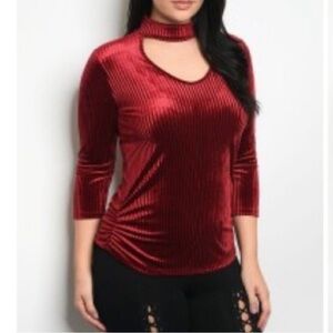 Elegant ribbed stretch velvet dark red women’s choker neck 3/4 sleeve top 2X
